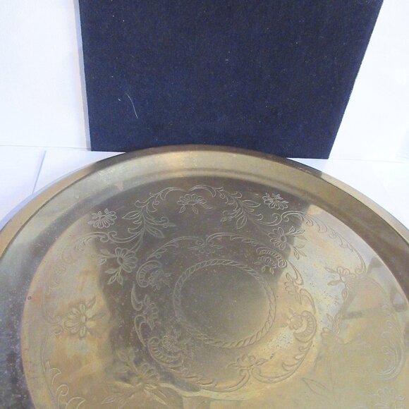 Princess House Heritage Brass Round Tray. 12", Vintage, Etched floral design - Picture 3 of 4